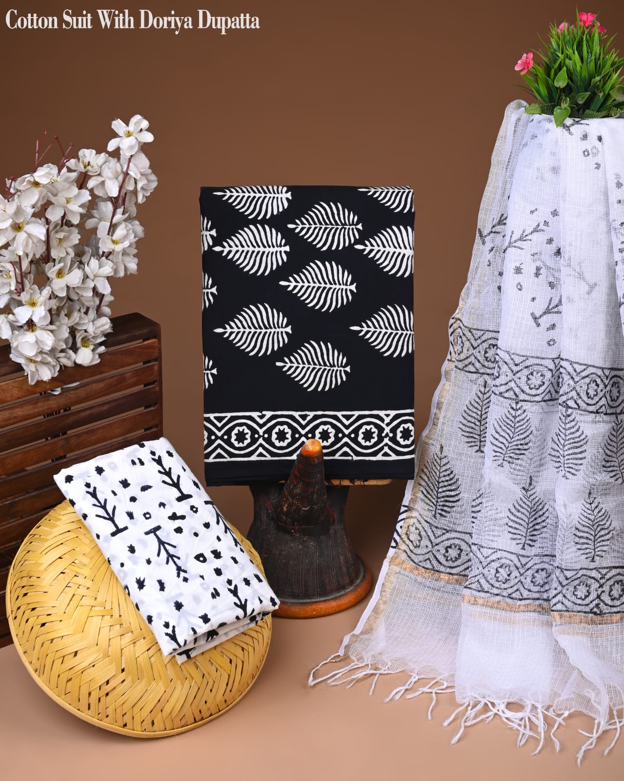 Pure Cotton Hand Block Printed Suit Set With Kota Doria Dupatta