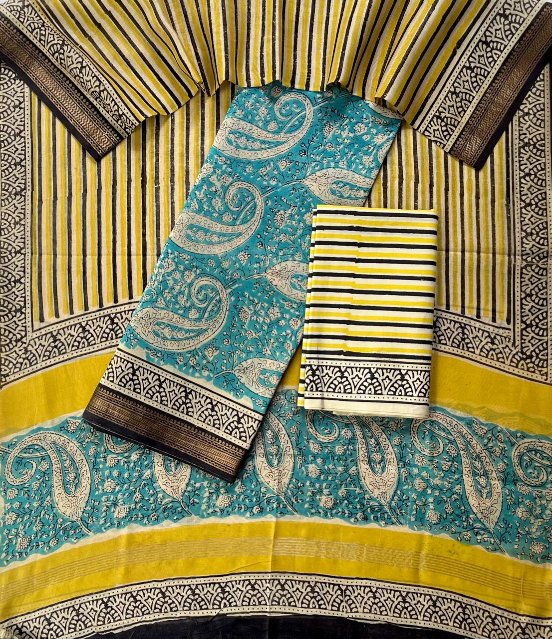 Premium Designer Handblock Printed Maheshwari Silk Suit Set