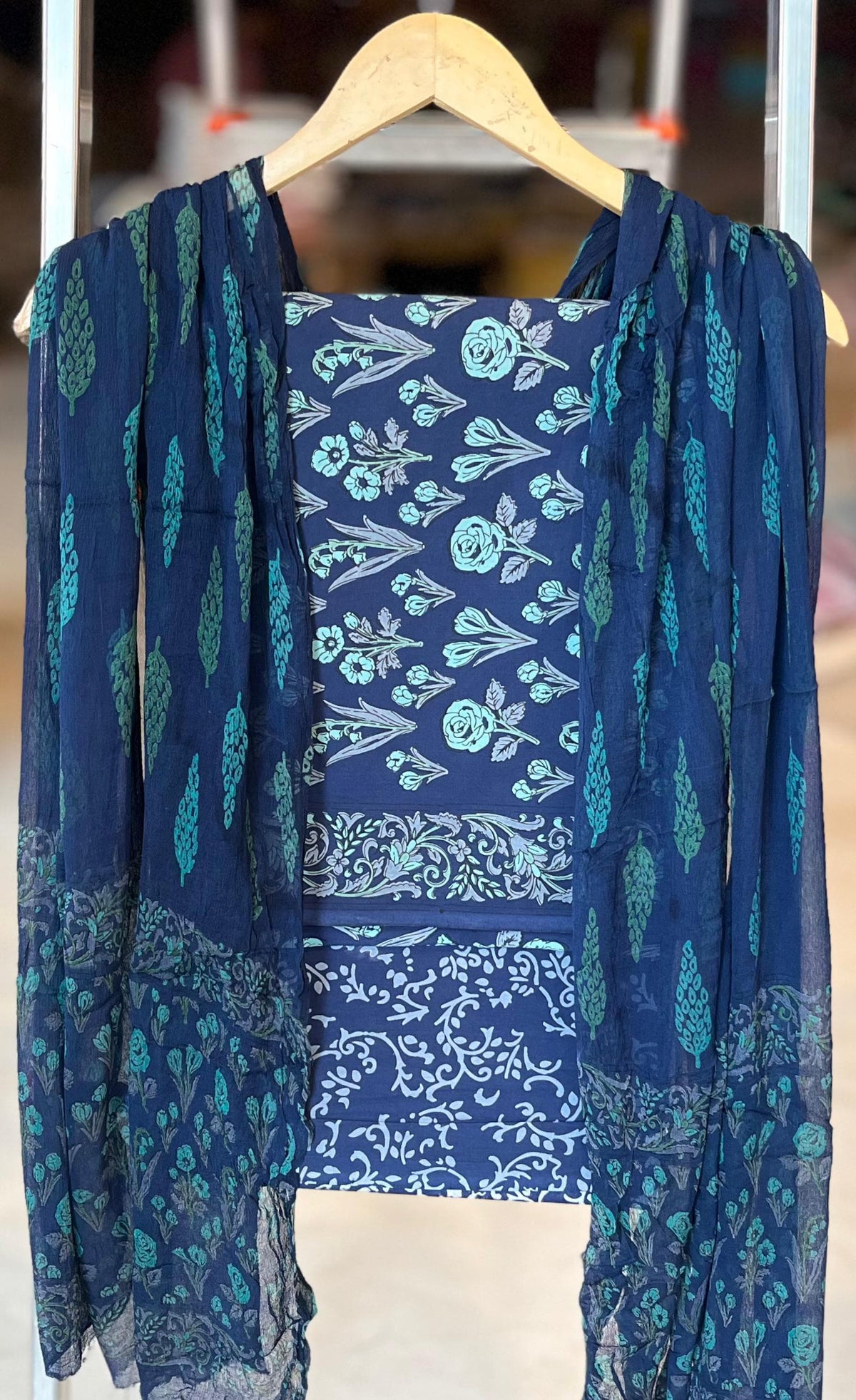 Pure Soft Cotton Hand Block Printed Suit Set With Chiffon Dupatta