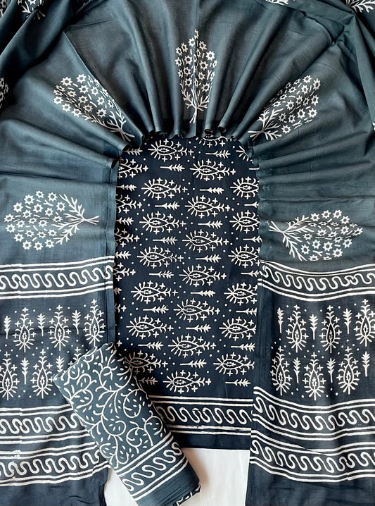Pure Soft Cotton Hand Block Printed Suit Set With Cotton Dupatta