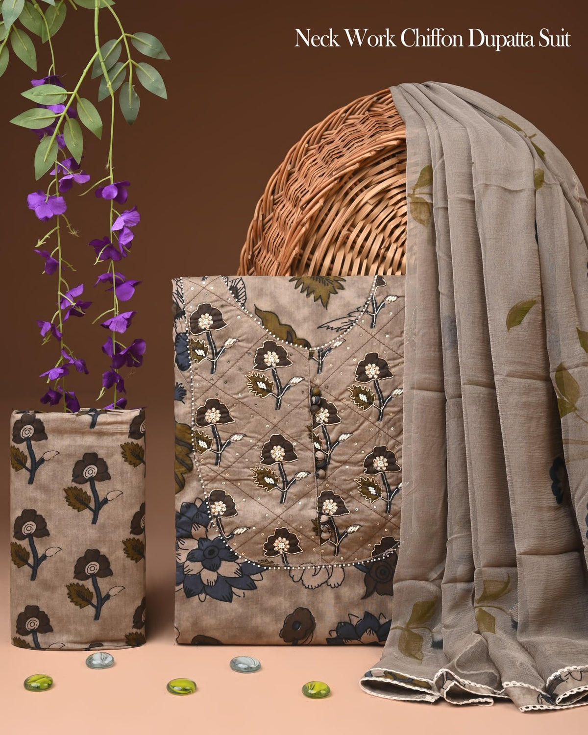 Premium Gota Patti Work Cotton Suit Set With Chiffon Dupatta