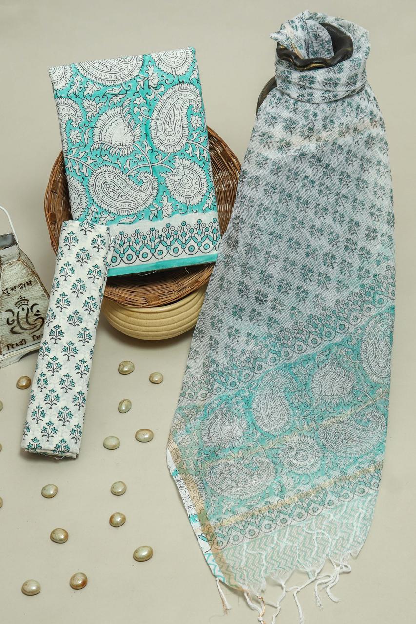Pure Cotton Hand Block Printed Suit Set With Kota Doria Dupatta