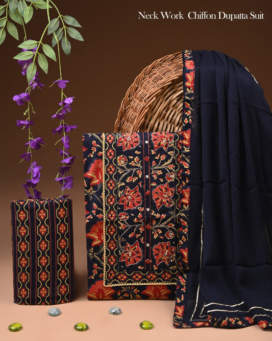 Premium Gota Patti Work Cotton Suit Set With Chiffon Dupatta