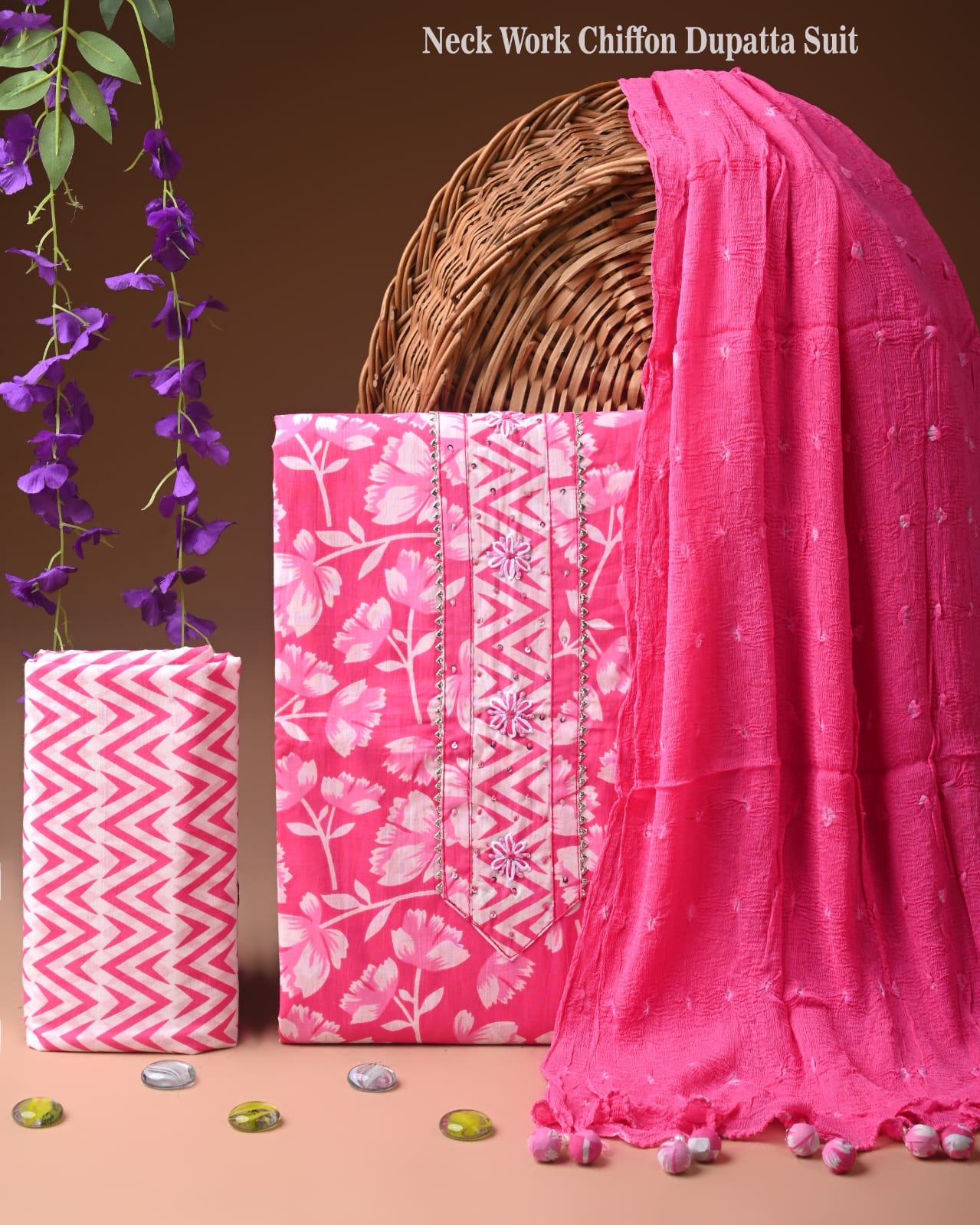 Premium Gota Patti Work Cotton Suit Set With Chiffon Dupatta