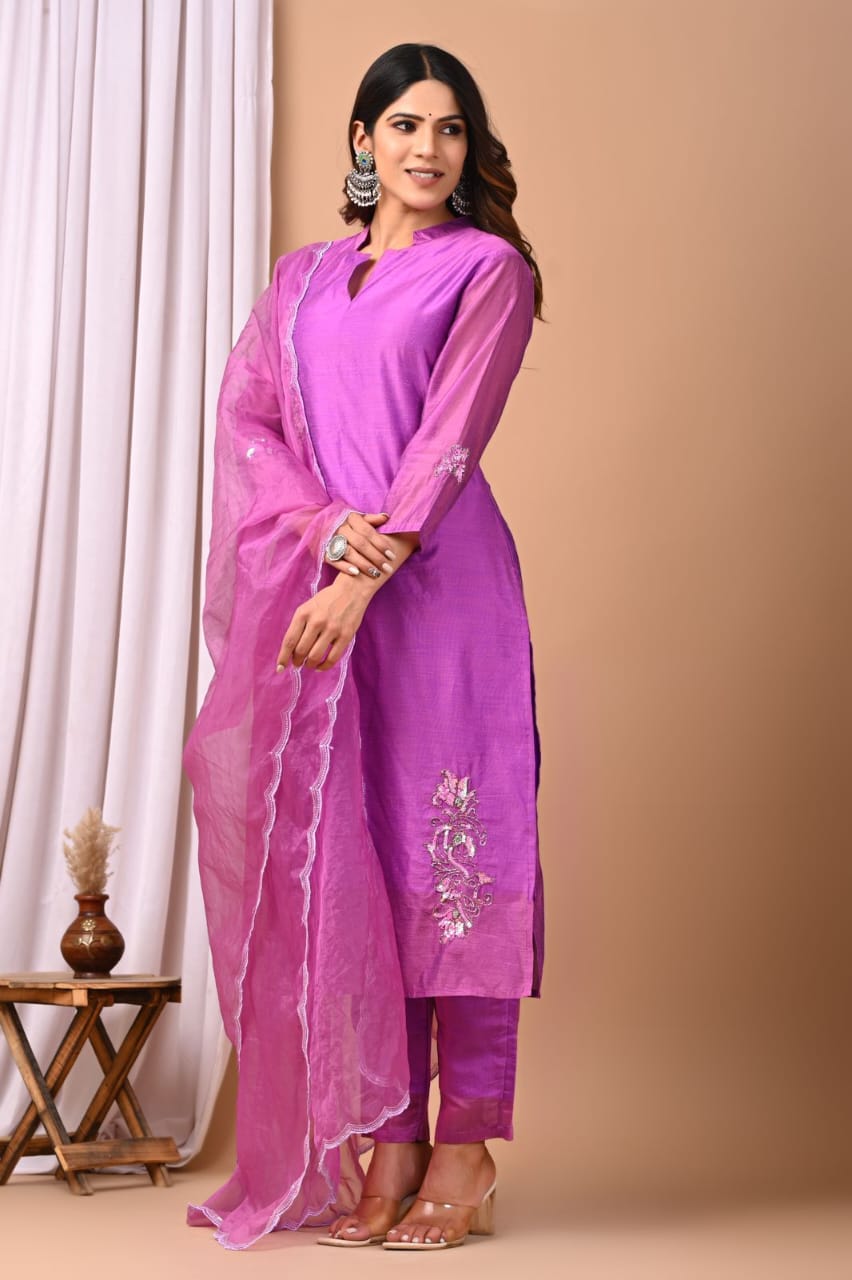 Elegant Coral Chanderi Silk Hand-Embroidered Suit Set with Dupatta