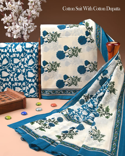 Pure Soft Cotton Hand Block Printed Suit Set With Cotton Dupatta