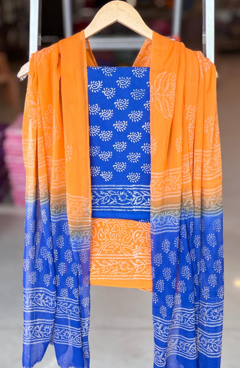 Pure Cotton Hand Block Printed Suit Set With Chiffon Dupatta