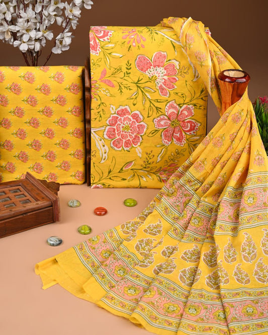 Designer Hand Block Printed Cotton Suit Set With Cotton Dupatta