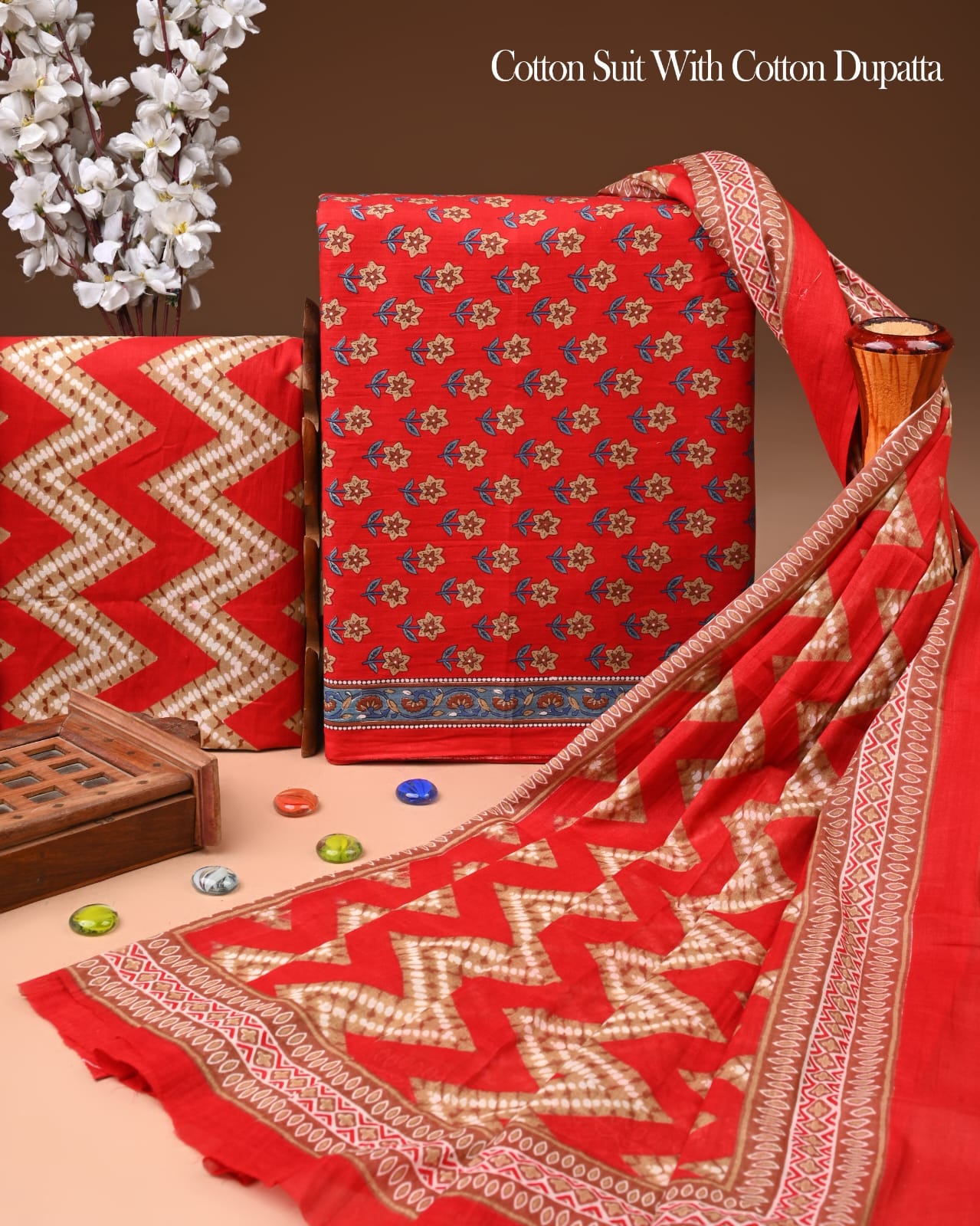 Designer Hand Block Printed Cotton Suit Set With Cotton Dupatta