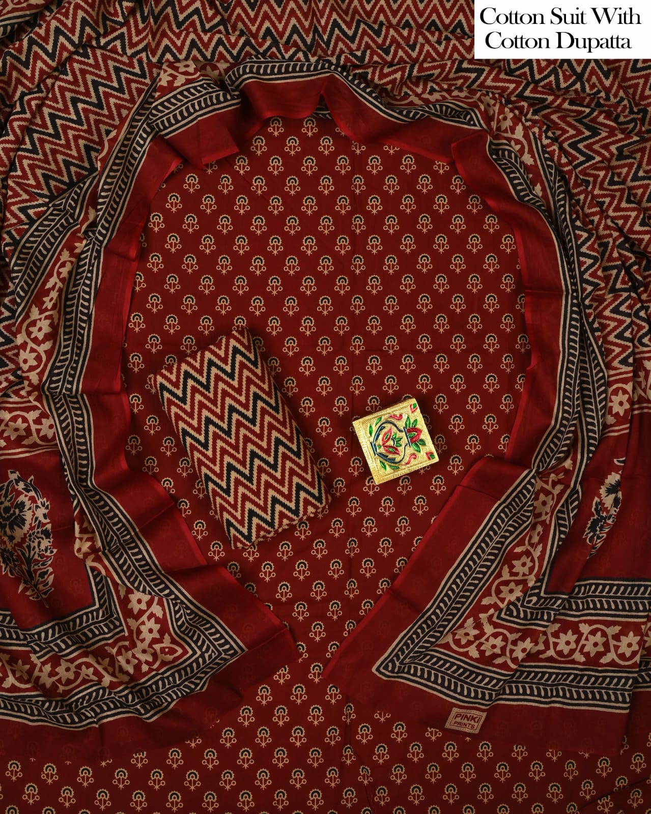 Designer Hand Block Printed Cotton Suit Set With Cotton Dupatta