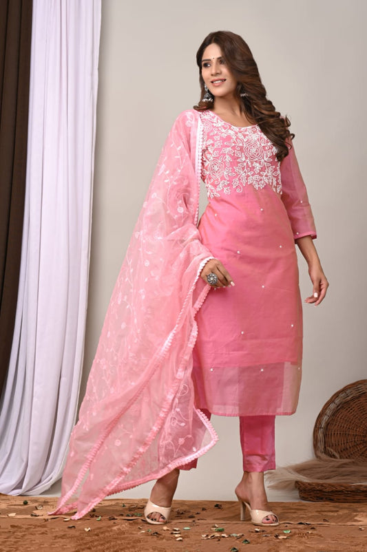 Elegant Coral Chanderi Silk Hand-Embroidered Suit Set with Dupatta