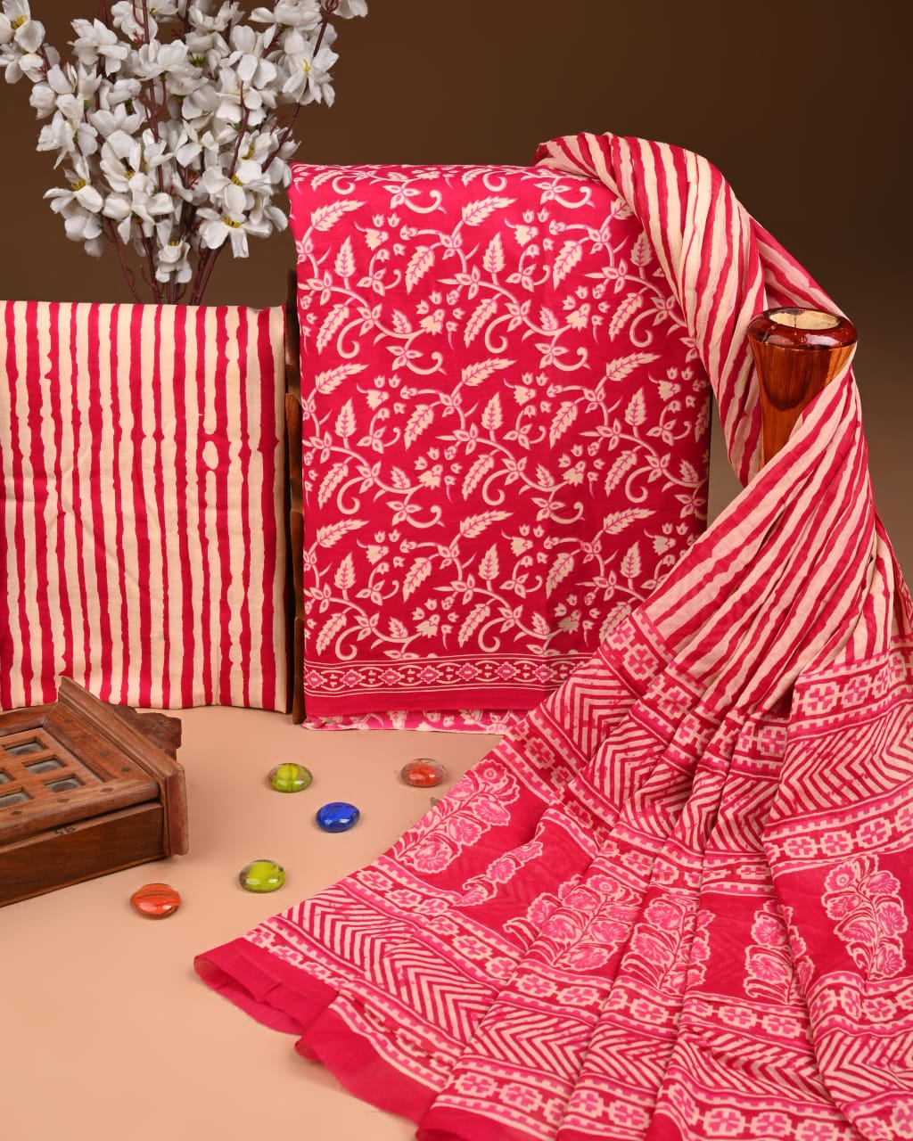 Designer Hand Block Printed Cotton Suit Set With Cotton Dupatta