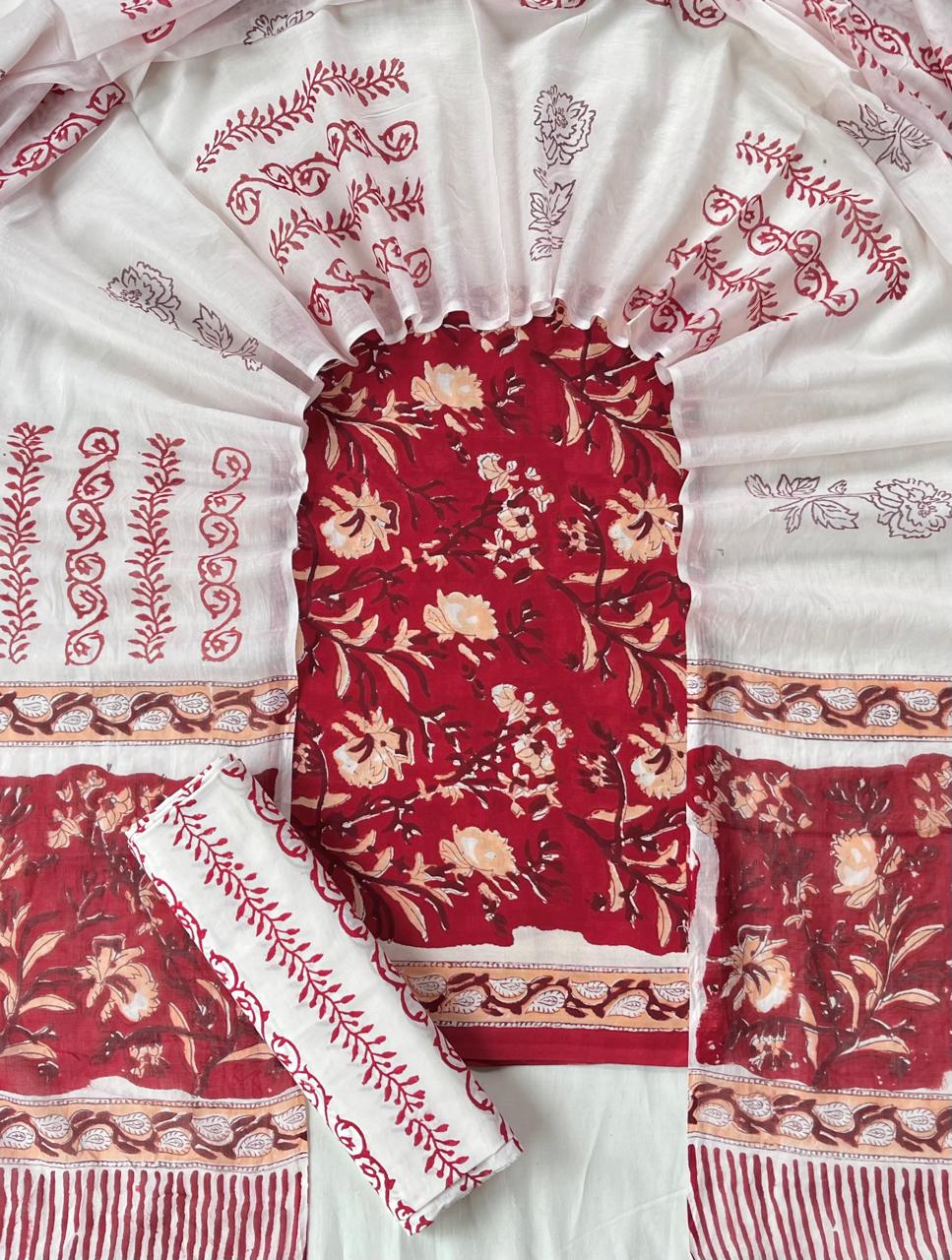 Pure Soft Cotton Hand Block Printed Suit Set With Cotton Dupatta