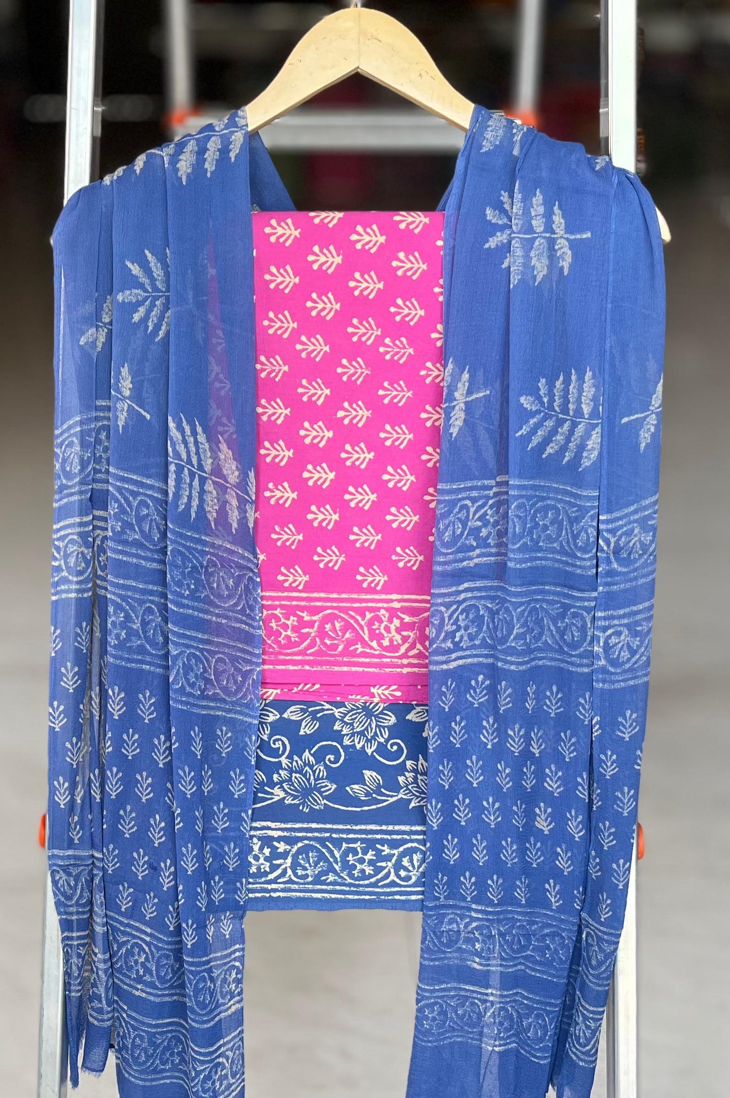 Pure Cotton Hand Block Printed Suit Set With Chiffon Dupatta