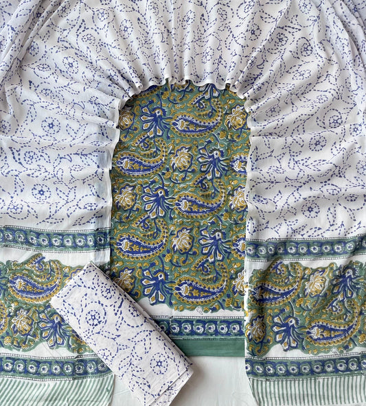 Pure Soft Cotton Hand Block Printed Suit Set With Cotton Dupatta