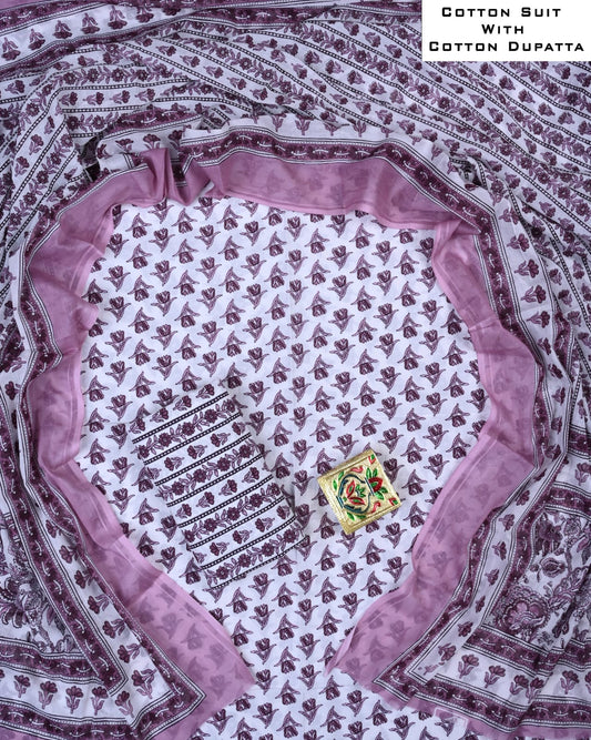 Designer Hand Block Printed Cotton Suit Set With Cotton Dupatta