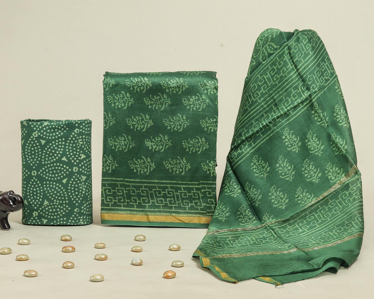 Designer Handblock Printed Chanderi Silk Suit Set