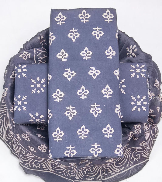 Pure Cotton Hand Block Printed Suit Set With Chiffon Dupatta
