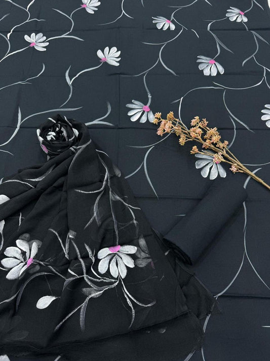 Pure Cotton Hand Block Printed Suit Set With Chiffon Dupatta