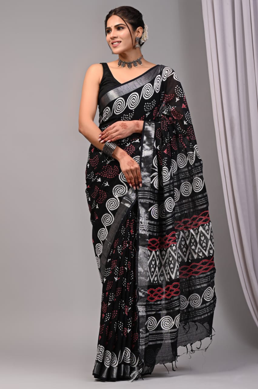 Pure Cotton Linen Handblock Printed Saree With Blouse