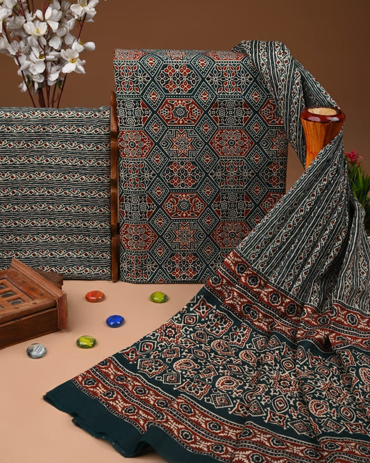 Designer Hand Block Printed Cotton Suit Set With Cotton Dupatta