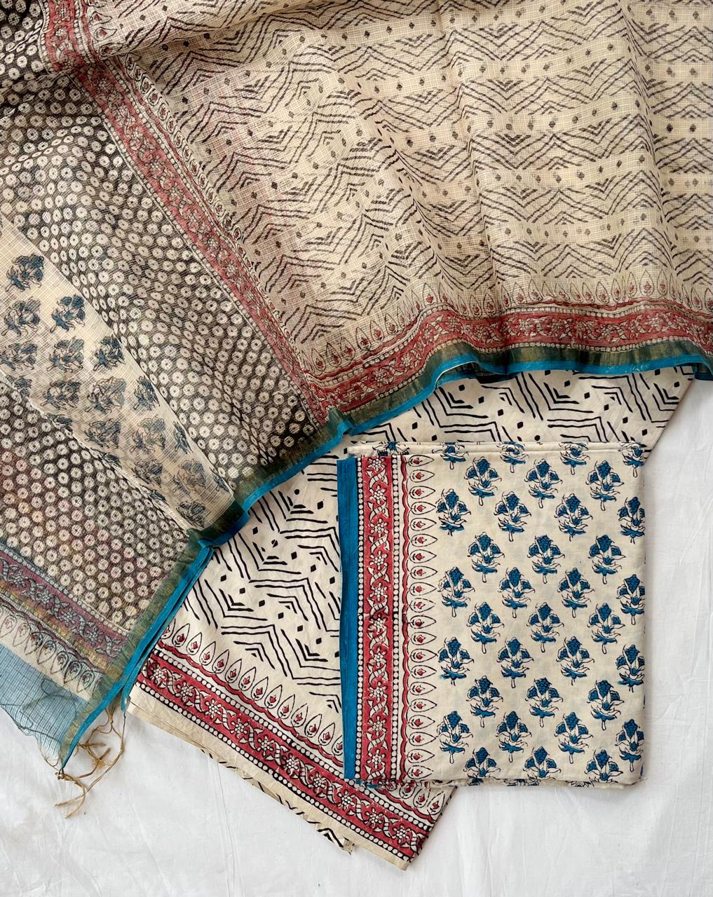 Pure Cotton Hand Block Printed Suit Set With Kota Doria Dupatta
