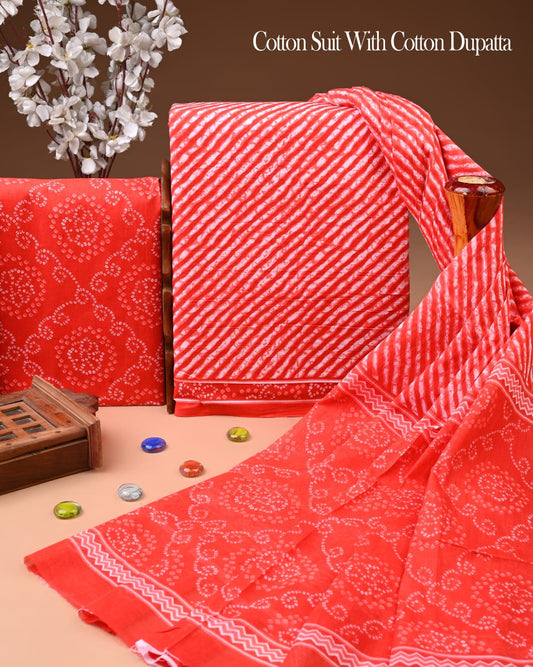 Designer Hand Block Printed Cotton Suit Set With Cotton Dupatta