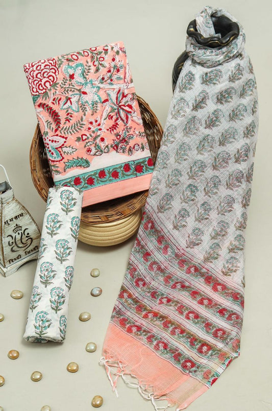 Pure Cotton Hand Block Printed Suit Set With Kota Doria Dupatta