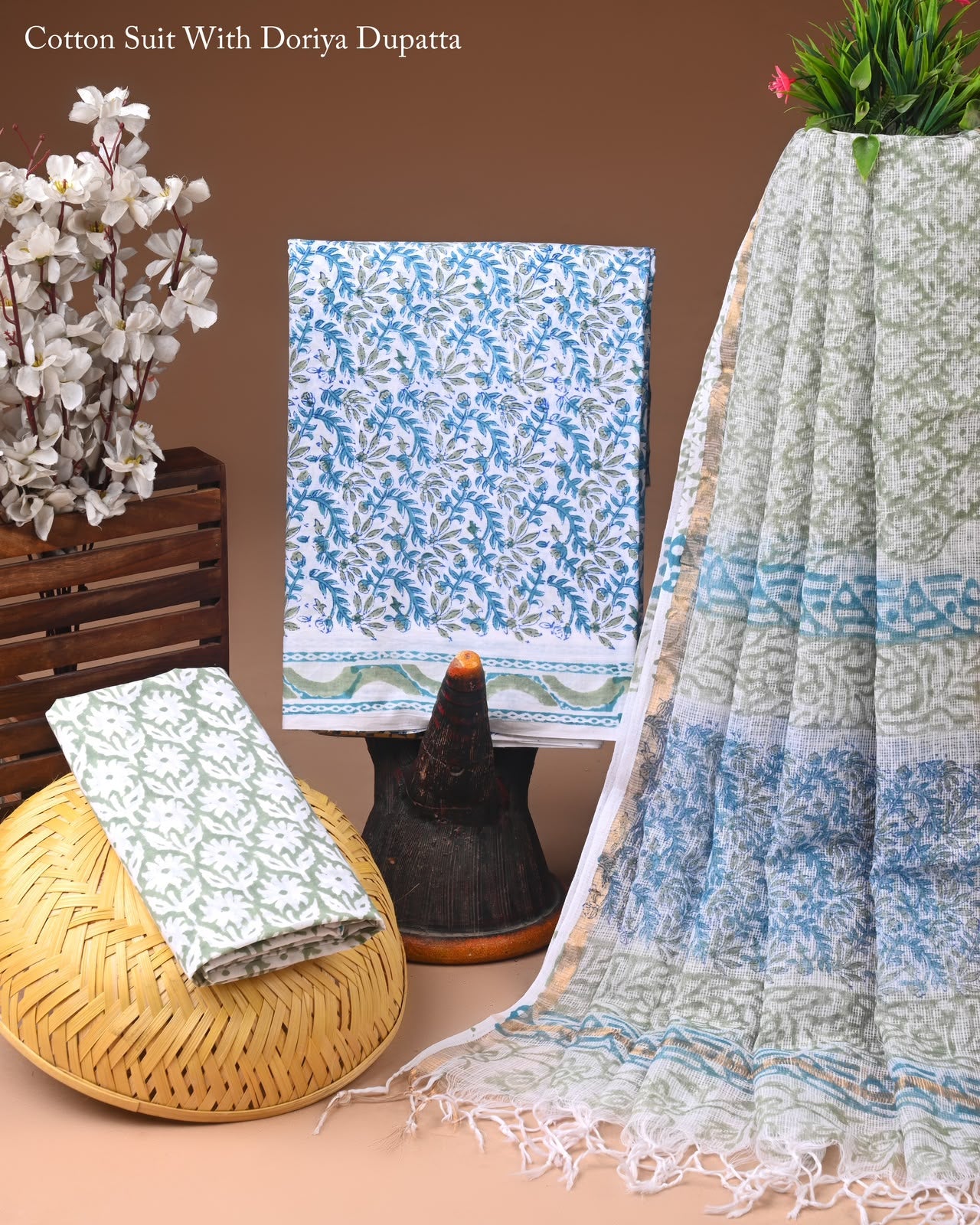 Pure Cotton Hand Block Printed Suit Set With Kota Doria Dupatta