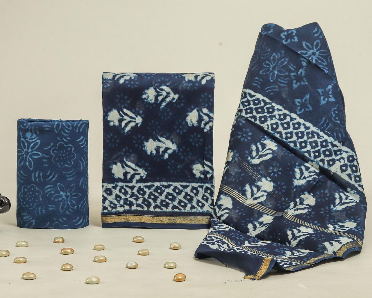 Designer Handblock Printed Chanderi Silk Suit Set