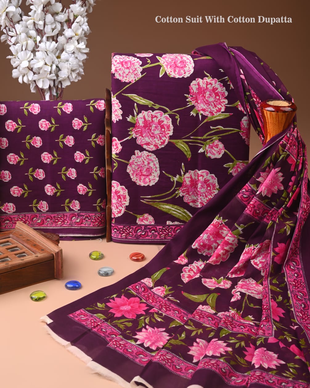 Designer Hand Block Printed Cotton Suit Set With Cotton Dupatta