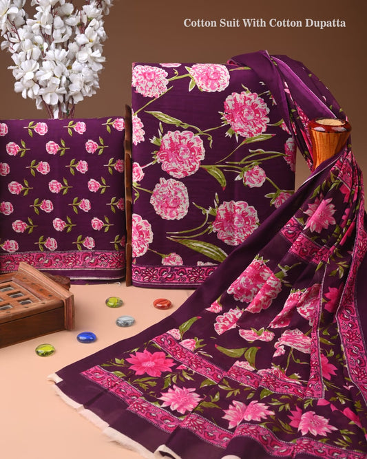 Designer Hand Block Printed Cotton Suit Set With Cotton Dupatta