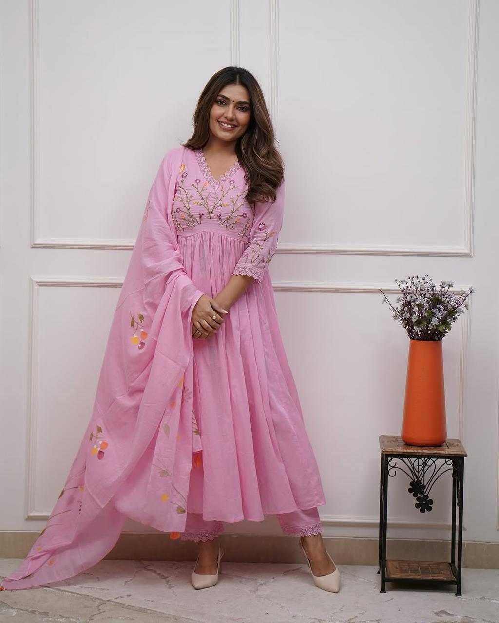 Pink Pure Soft Cotton Suit Set With Embroidery Work