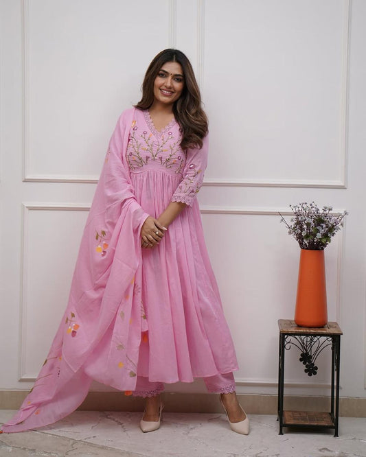 Pink Pure Soft Cotton Suit Set With Embroidery Work
