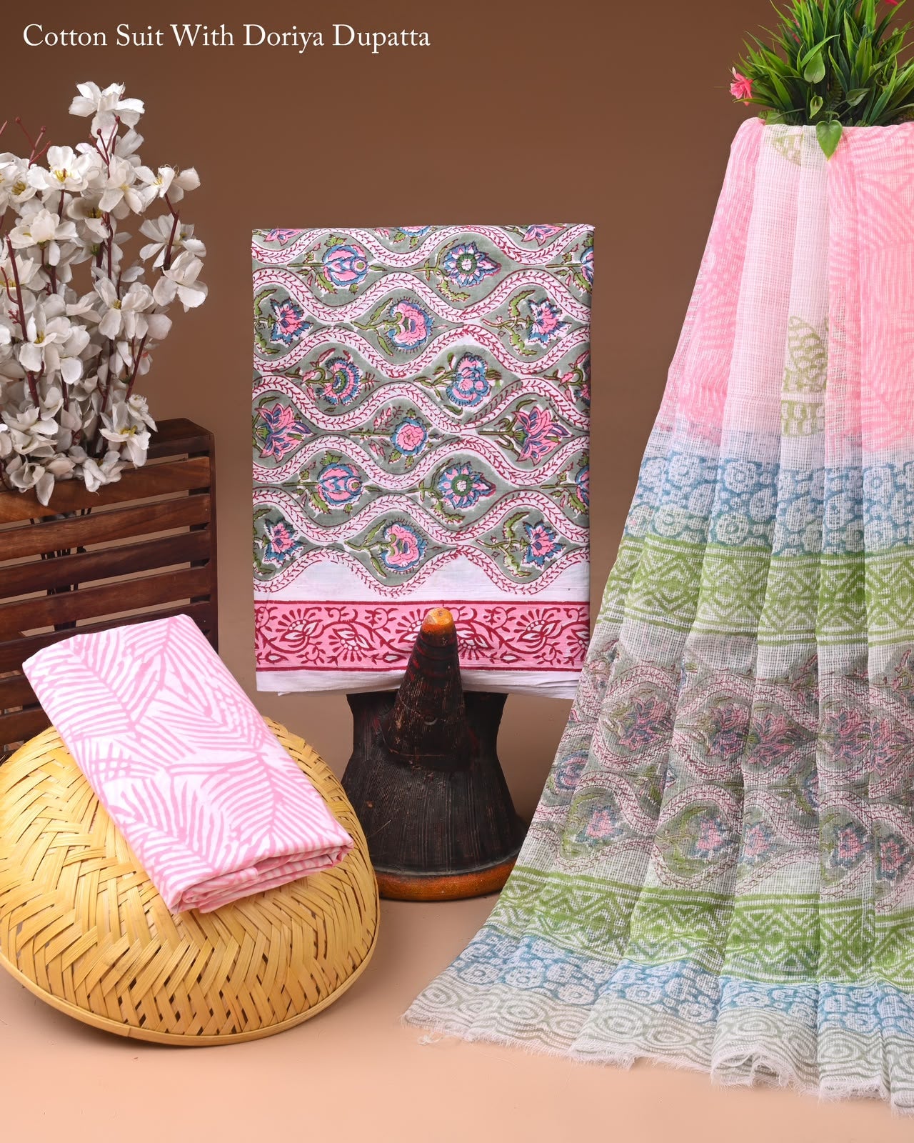 Pure Cotton Hand Block Printed Suit Set With Kota Doria Dupatta