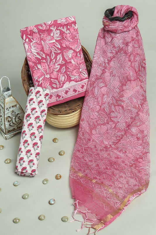 Pure Cotton Hand Block Printed Suit Set With Kota Doria Dupatta