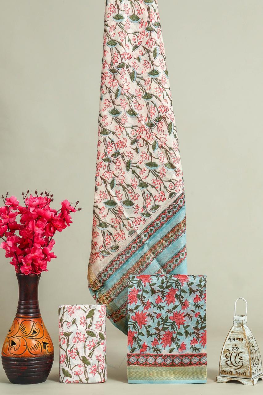 Designer Handblock Printed Maheshwari Silk Suit Set