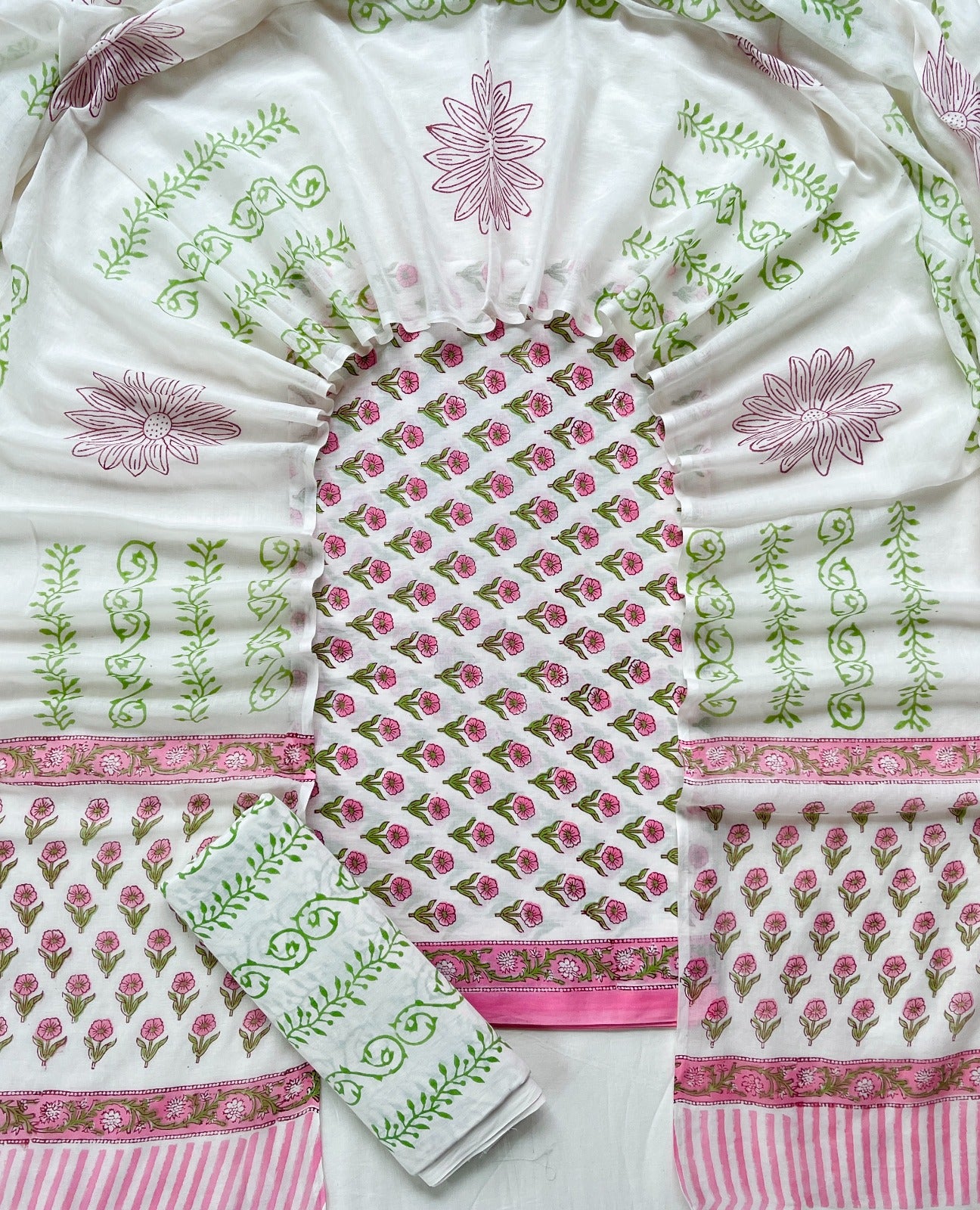 Pure Soft Cotton Hand Block Printed Suit Set With Cotton Dupatta