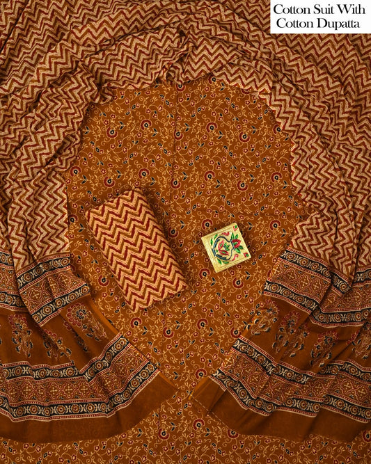 Designer Hand Block Printed Cotton Suit Set With Cotton Dupatta