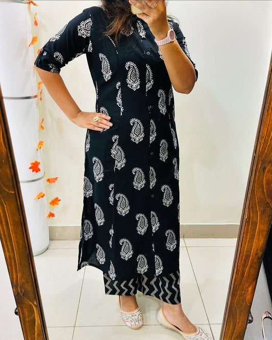 Premium Floral Fine Cotton Printed A-Line Pattern Kurti-Palazzo Set