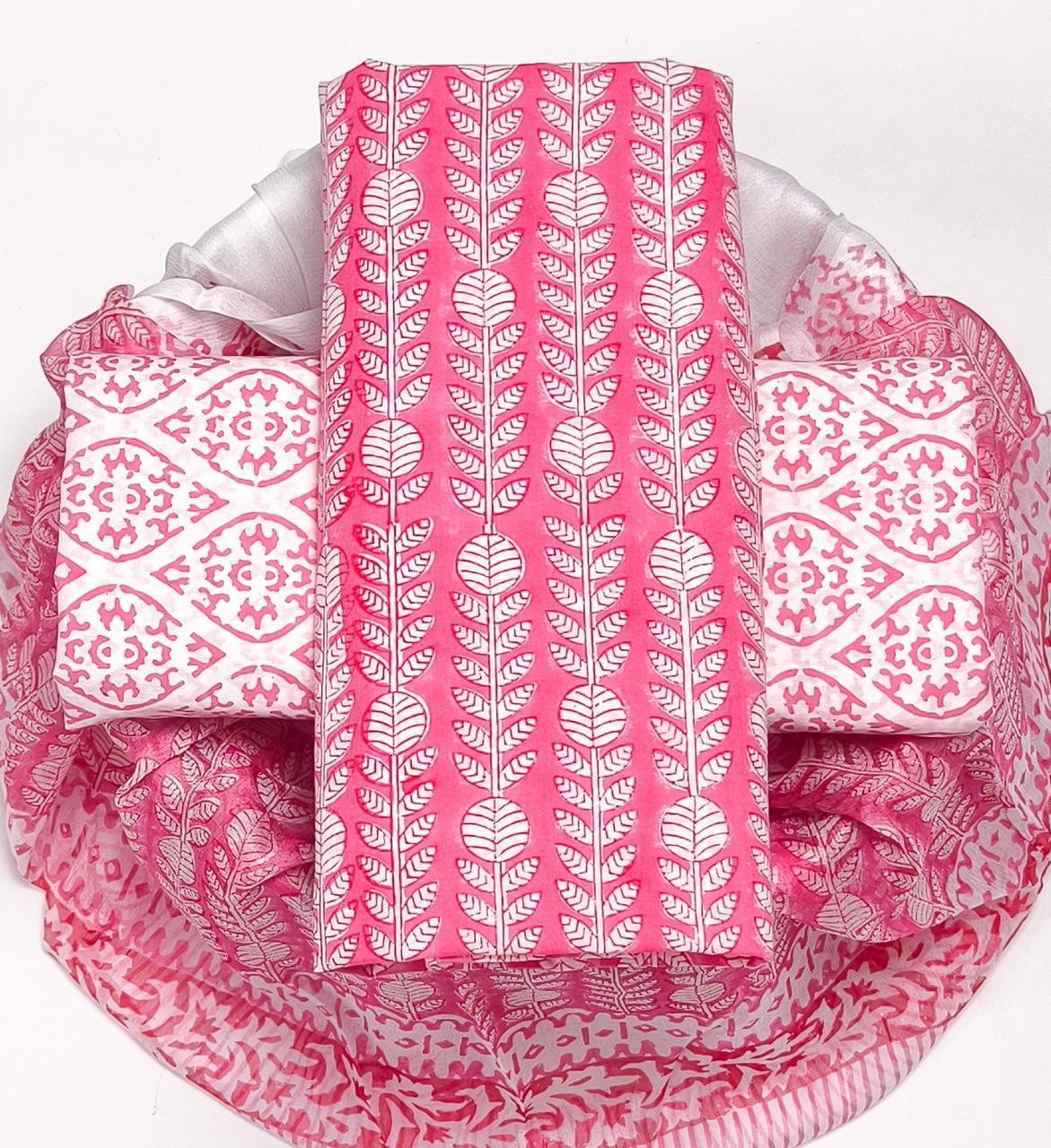 Pure Cotton Hand Block Printed Suit Set With Chiffon Dupatta