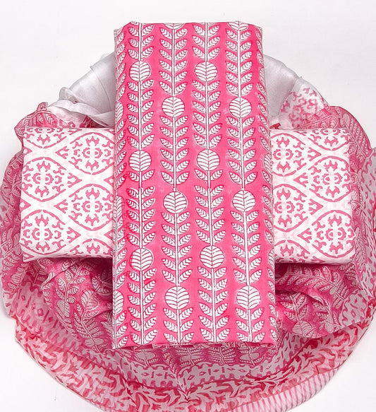 Pure Cotton Hand Block Printed Suit Set With Chiffon Dupatta
