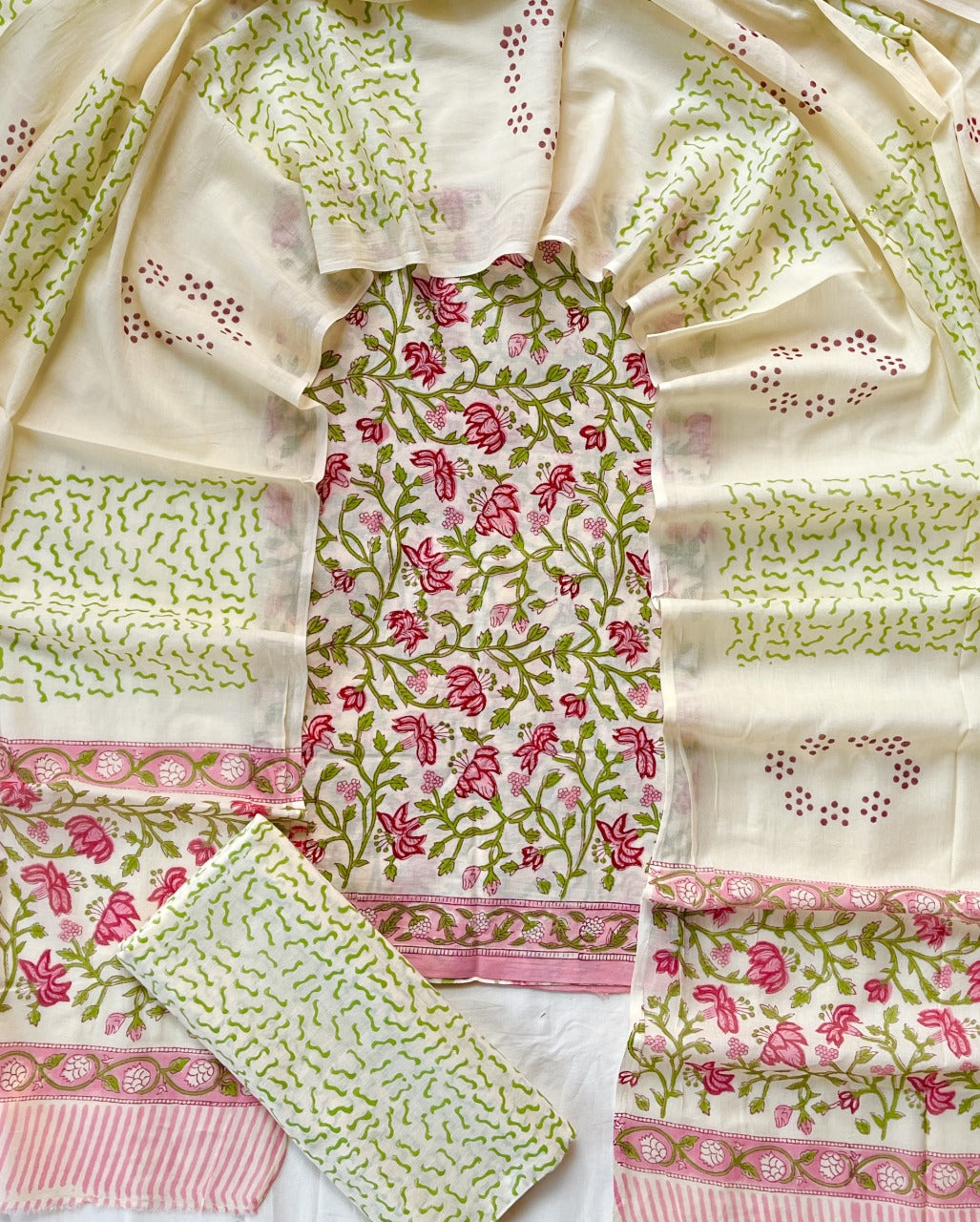 Pure Soft Cotton Hand Block Printed Suit Set With Cotton Dupatta