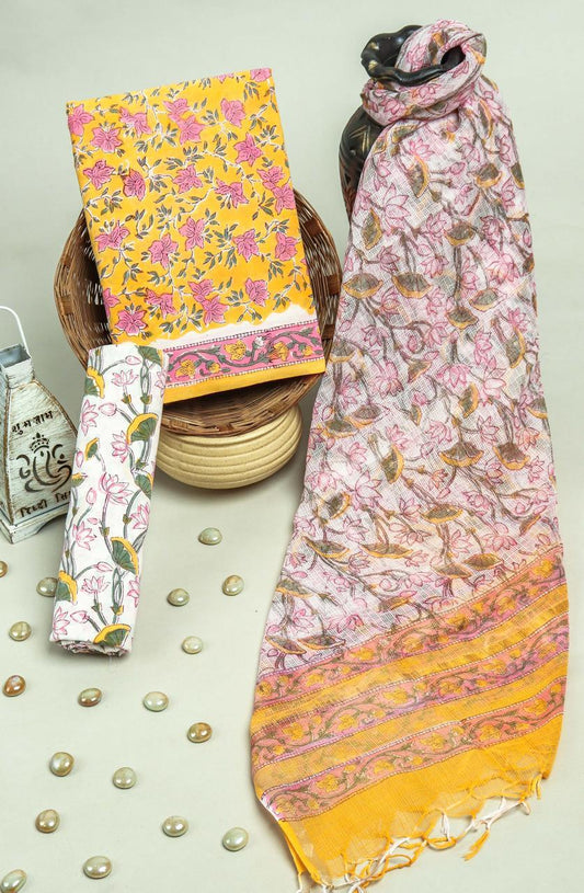Pure Cotton Hand Block Printed Suit Set With Kota Doria Dupatta