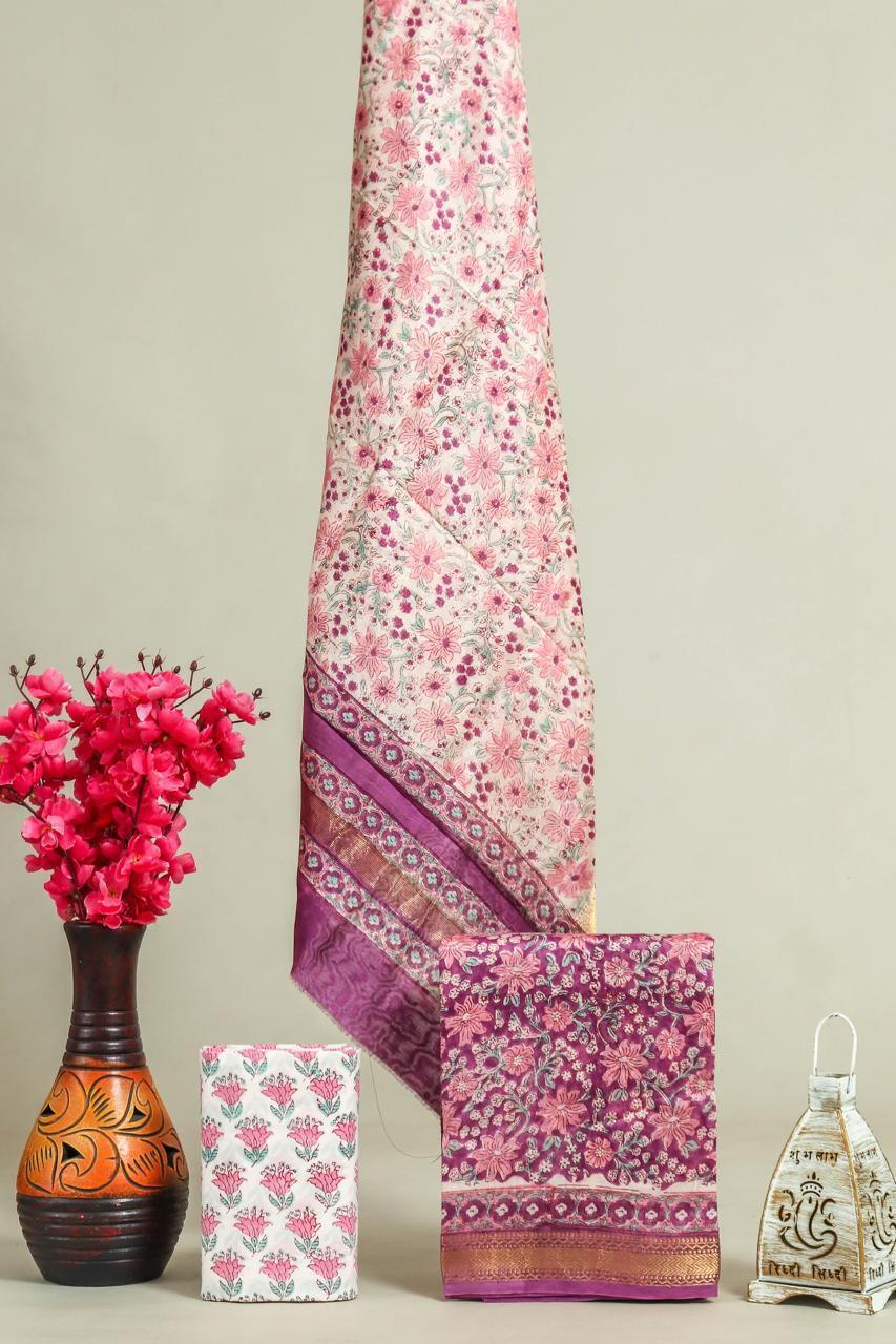 Designer Handblock Printed Maheshwari Silk Suit Set
