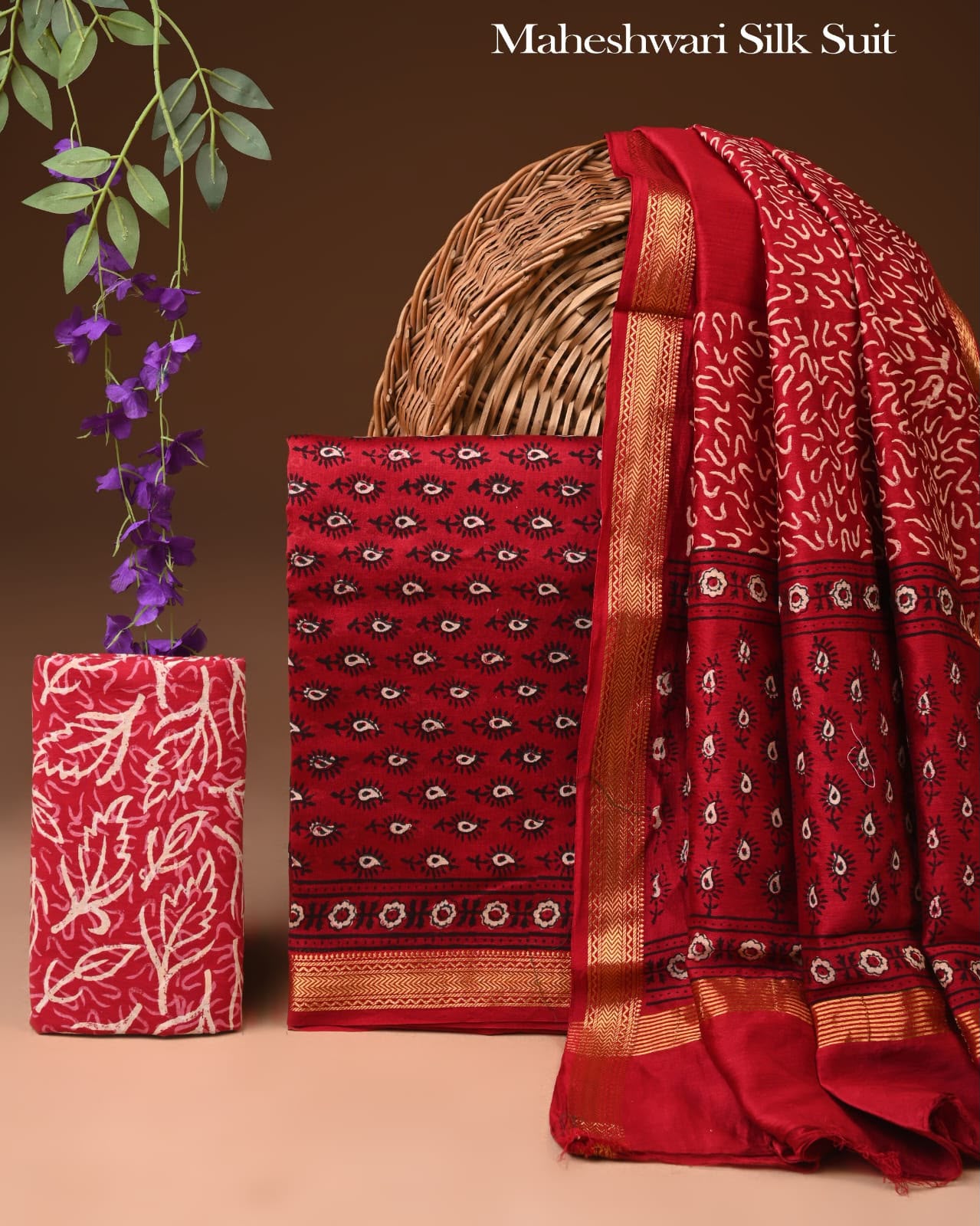 Premium Designer Handblock Printed Maheshwari Silk Suit Set
