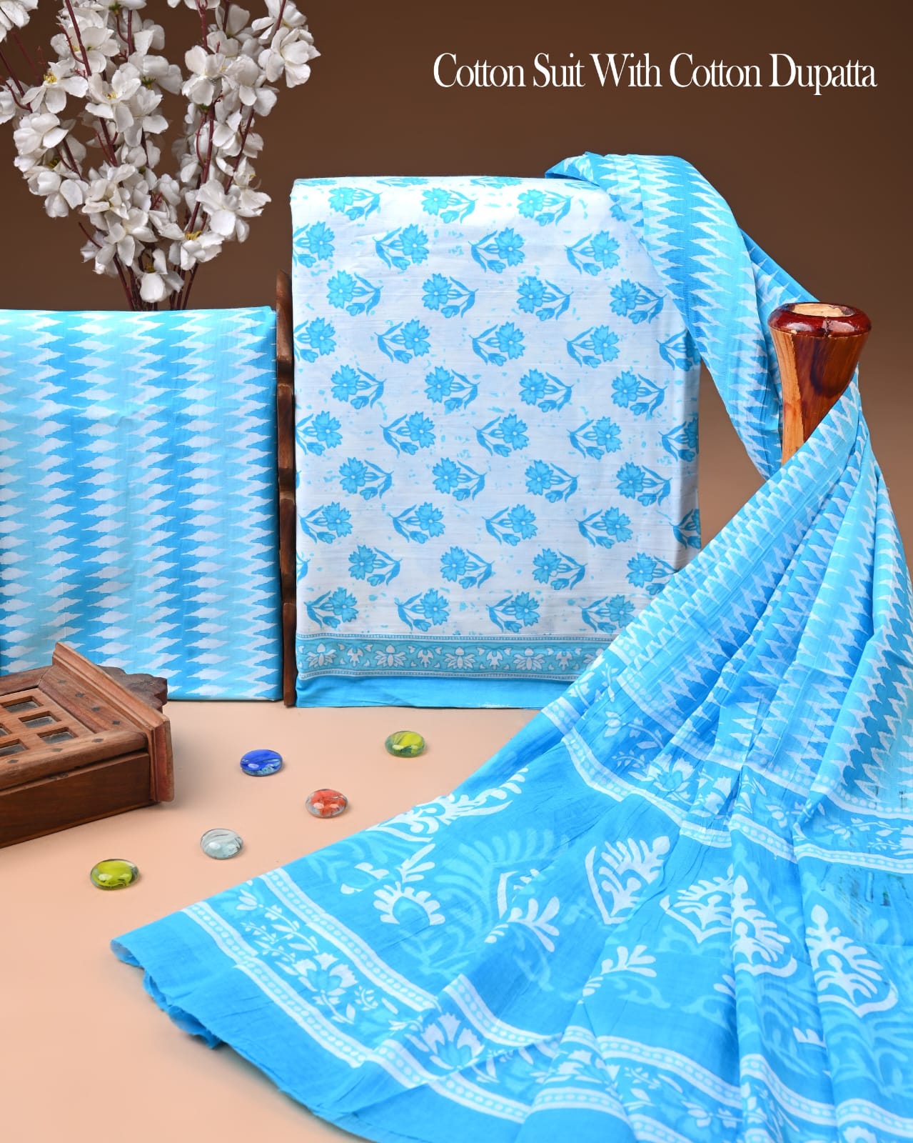 Designer Hand Block Printed Cotton Suit Set With Cotton Dupatta