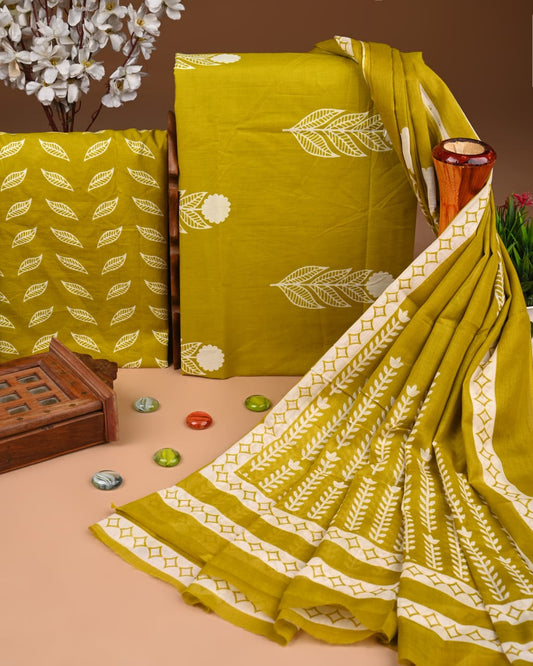 Designer Hand Block Printed Cotton Suit Set With Cotton Dupatta