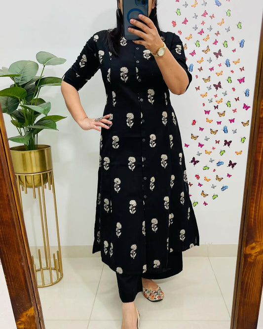 Premium Floral Fine Cotton Printed A-Line Pattern Kurti-Palazzo Set