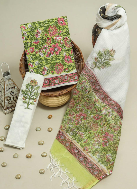Pure Cotton Hand Block Printed Suit Set With Kota Doria Dupatta